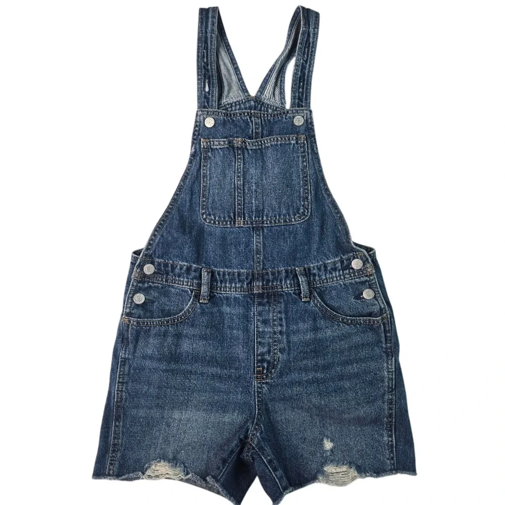 Old Navy Denim Shortalls Girls L 10-12 Blue Distressed Raw Hem Overalls Country